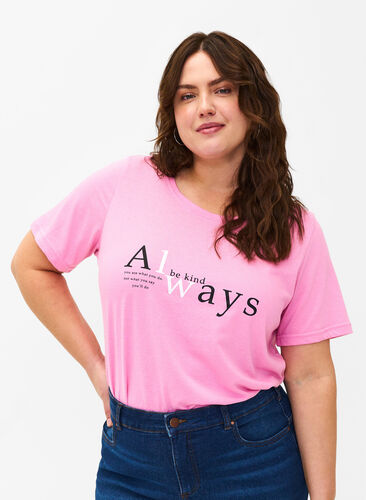 Zizzi FLASH - T-shirt med motiv, Begonia Pink Always, Model image number 0