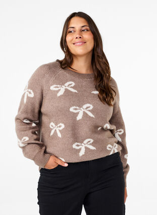 Zizzi Strikbluse med sløjfer, Walnut Birch Comb, Model image number 0