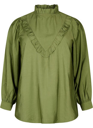 Zizzi Viskosebluse med flæser, Loden Green, Packshot image number 0