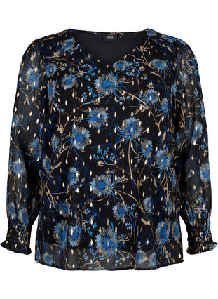 Zizzi Blomstret bluse med lange ærmer og v-hals, Black Blue Flower , Packshot image number 0