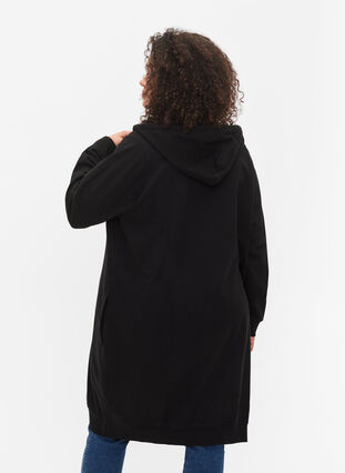 Zizzi Lang bomulds sweat cardigan med hætte, Black, Model image number 1