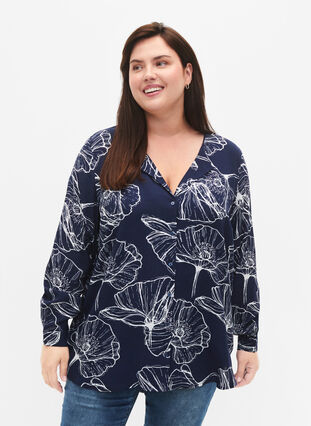 Zizzi Viskose skjorte med blomsterprint og lange ærmer, Navy B./Big Fl.AOP, Model image number 0