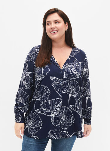 Zizzi Viskose skjorte med blomsterprint og lange ærmer, Navy B./Big Fl.AOP, Model image number 0