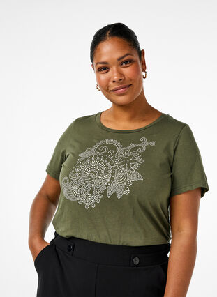 Zizzi Bomulds t-shirt med rhinesten motiv, Thyme w. Rhinestones, Model image number 0