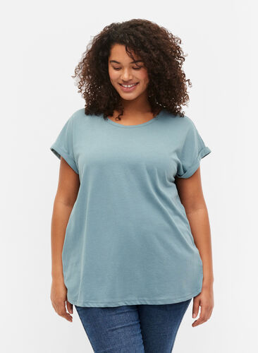 Zizzi Kortærmet t-shirt i bomuldsblanding, Smoke Blue, Model image number 0