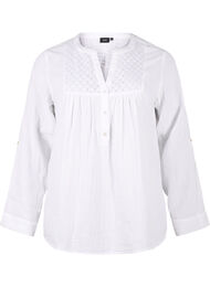 Bluse i bomuld med broderi anglaise og 3/4 ærmer, Bright White