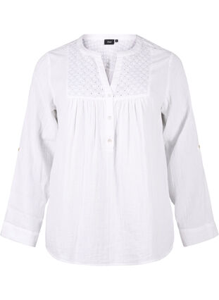 Zizzi Bluse i bomuld med broderi anglaise og 3/4 ærmer, Bright White, Packshot image number 0