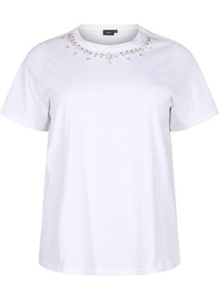 Zizzi T-shirt med rund hals og rhinsten, Bright White, Packshot image number 0