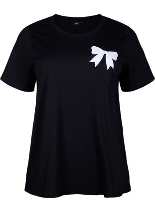 Zizzi Bomulds t-shirt med sløjfe, Black W. White, Packshot image number 0