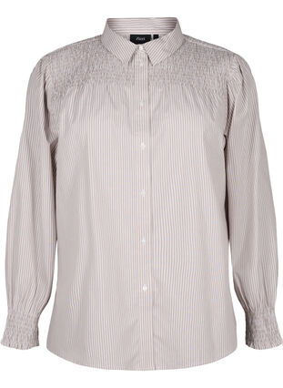 Zizzi Stribet skjorte med smock, Silver Mink Wh. St., Packshot image number 0