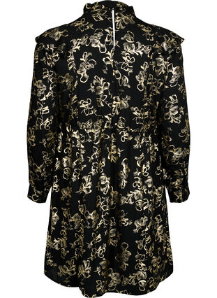 Zizzi Langærmet kjole med flæser og folieprint, Black Foil AOP, Packshot image number 1