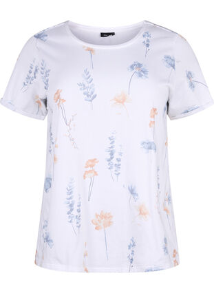 Zizzi T-shirt i økologisk bomuld med blomsterprint, White W. Blue flower, Packshot image number 0