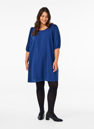 Zizzi Kort kjole med sløjfedetalje bagpå, Estate Blue, Model image number 3