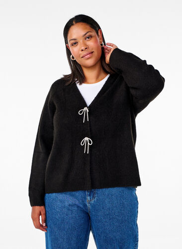 Zizzi Strikcardigan med sølvsløjfe, Black, Model image number 0