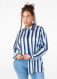Stribet satinskjorte med krave, Blue Stripe, Model
