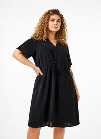 Kjole med korte ærmer og bindebånd i taljen, Black, Model
