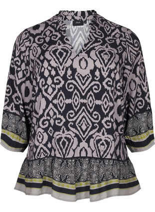 Zizzi Bluse med print og 3/4 ærmer, Black AOP, Packshot image number 0