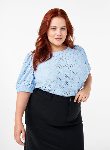 Zizzi Kortærmet bluse med hulmønster, Cashmere Blue, Model image number 0