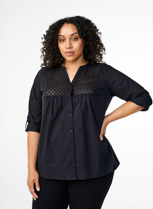 Zizzi FLASH - Skjortebluse med crochetdetalje, Black, Model image number 0