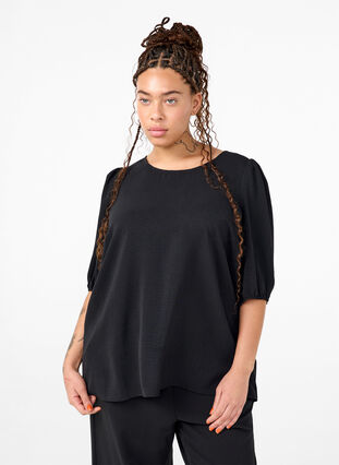 Zizzi Kortærmet bluse med sløjfe bagpå, Black, Model image number 0