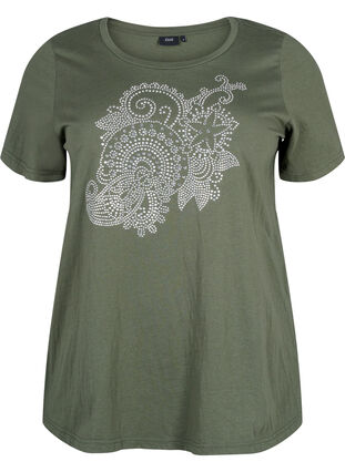 Zizzi Bomulds t-shirt med rhinesten motiv, Thyme w. Rhinestones, Packshot image number 0