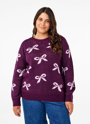 Zizzi Strikbluse med sløjfer, Corsage Mel. Comb, Model image number 0