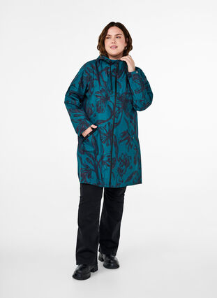 Zizzi Regnjakke med print, Deep Teal Black, Model image number 2