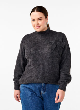 Zizzi Strikbluse med sløjfe detalje, Dark Grey White Mel., Model image number 0