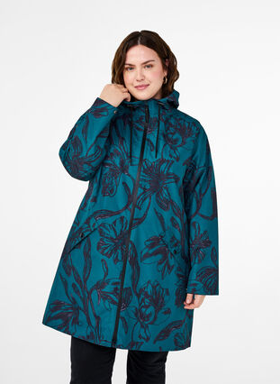 Zizzi Regnjakke med print, Deep Teal Black, Model image number 0