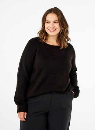 Zizzi Løstsiddende strikbluse med rund hals, Black, Model image number 0