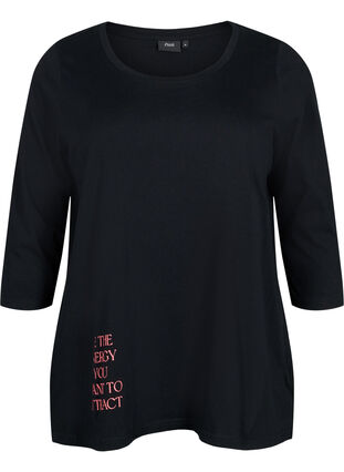 Zizzi Bomulds t-shirt med 3/4 ærmer, Black, Packshot image number 0