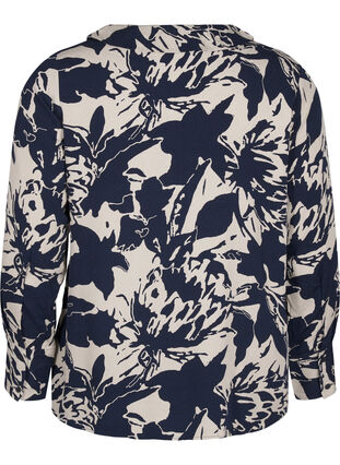 Zizzi Langærmet skjorte med print og v-hals, Navy Blazer AOP, Packshot image number 1