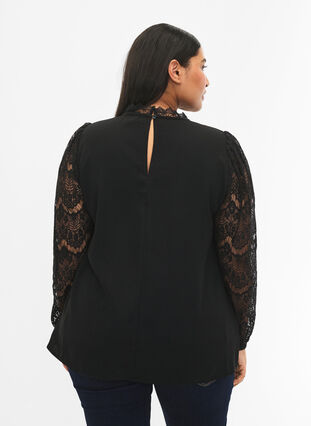 Zizzi Langærmet bluse med blonder, Black, Model image number 1