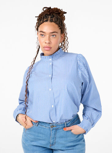 Zizzi Stribet skjortebluse med flæser, Princess Blue W. St., Model image number 0