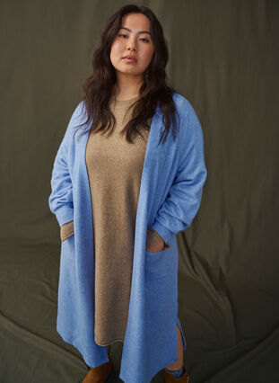 Zizzi Lang strikcardigan med lommer, Cornflower Blue Mel., Image image number 0