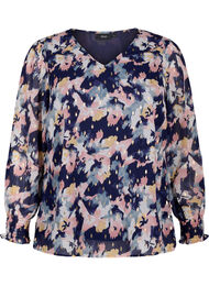 Blomstret bluse med lange ærmer og v-hals, Night Sky AOP Flower