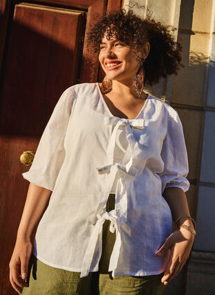 Zizzi 3/4 ærmet bluse i bomuldsmix med hør, Bright White, Image image number 0