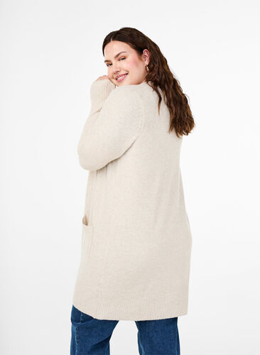 Zizzi Meleret strik cardigan med lommer, Pumice Stone Mel., Model image number 1