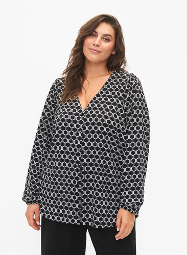 Zizzi Skjortebluse med v-hals og print, Black Graphic AOP, Model image number 0