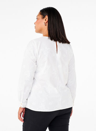 Zizzi Langærmet bluse med broderi, Bright White, Model image number 1