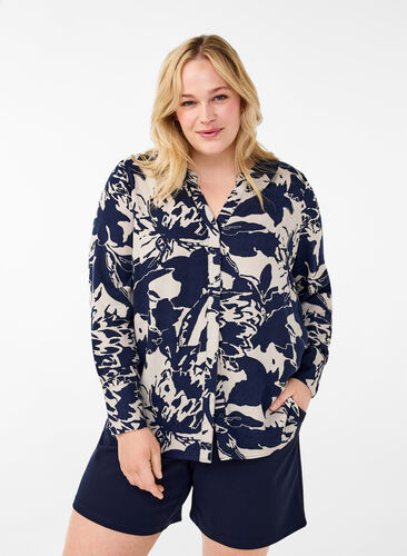 Zizzi Langærmet skjorte med print og v-hals, Navy Blazer AOP, Model image number 0