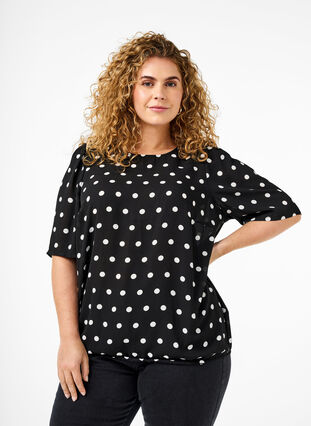 Zizzi Prikket bluse med korte ærmer, Black W. White Dot, Model image number 0