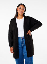 Lang strik cardigan med lommer, Black, Model