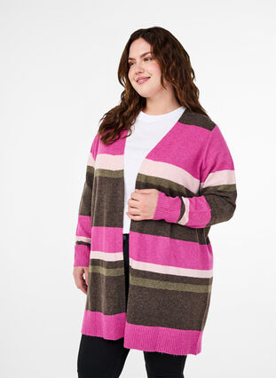 Zizzi Lang strikcardigan med brede striber, Fuchsia Red Mel.Comb, Model image number 0