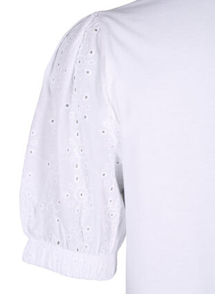 Zizzi Økologisk bomuldsbluse med broderi anglaise ærmer, Bright White, Packshot image number 3