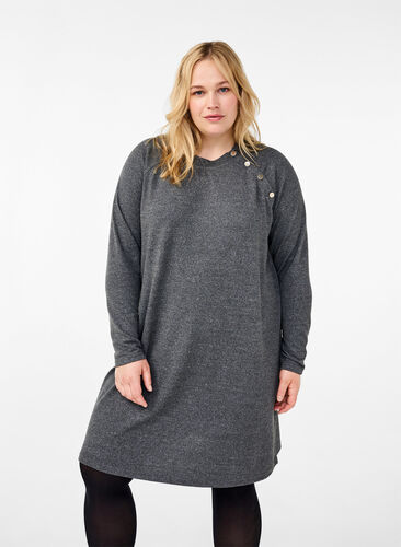 Zizzi Jersey kjole med knapper, Dark Grey Melange, Model image number 0