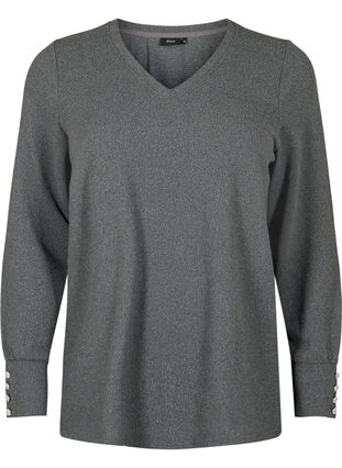 Zizzi Langærmet bluse med bred manchet og knapper, Dark Grey Melange, Packshot image number 0