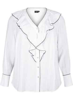 Zizzi Langærmet skjortebluse i viskose med flæse, Bright White, Packshot image number 0