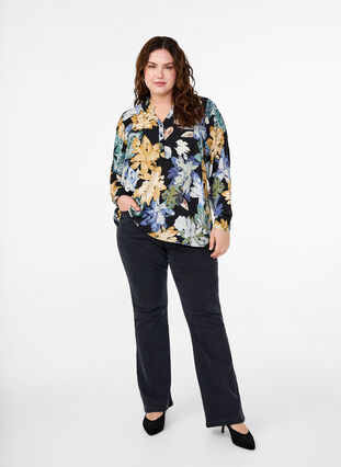 Zizzi Langærmet bluse med blomsterprint, Yellow Flower AOP, Model image number 2