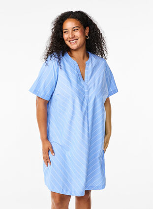 Zizzi Stribet kjole i økologisk bomuld, Blue Stripe, Model image number 0